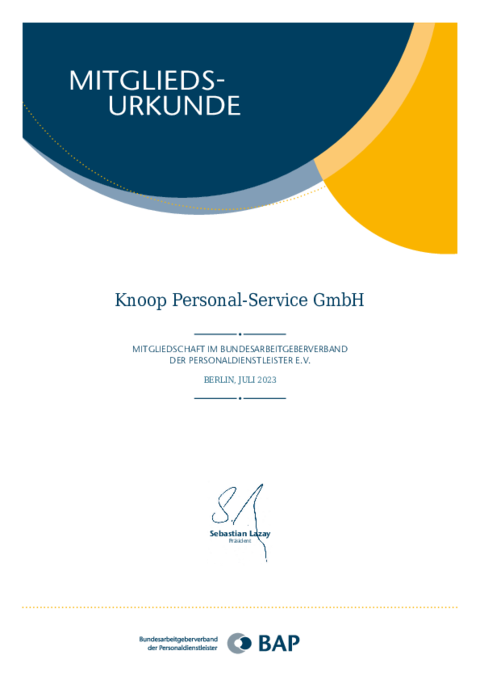 Mitgliedsurkunde Knoop Personal-Service GmbH von BAP