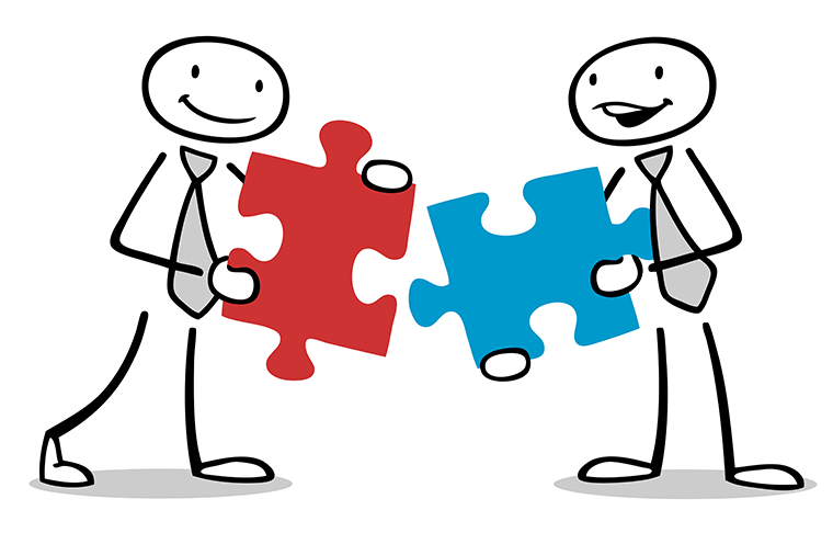 Zeitarbeit Bild. Strichmännchen mit Rotem und Blauem Puzzleteil
