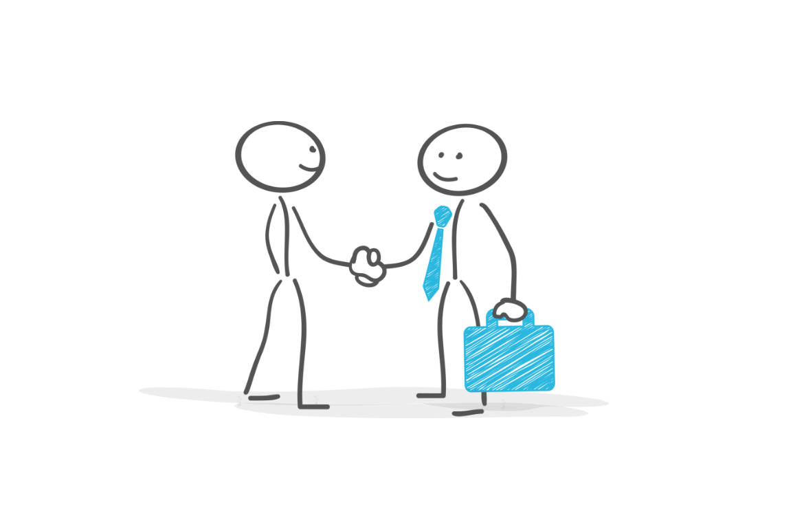 Mitarbeiter und Chef reichen sich die Hand - Stichmännchenzeichnung 